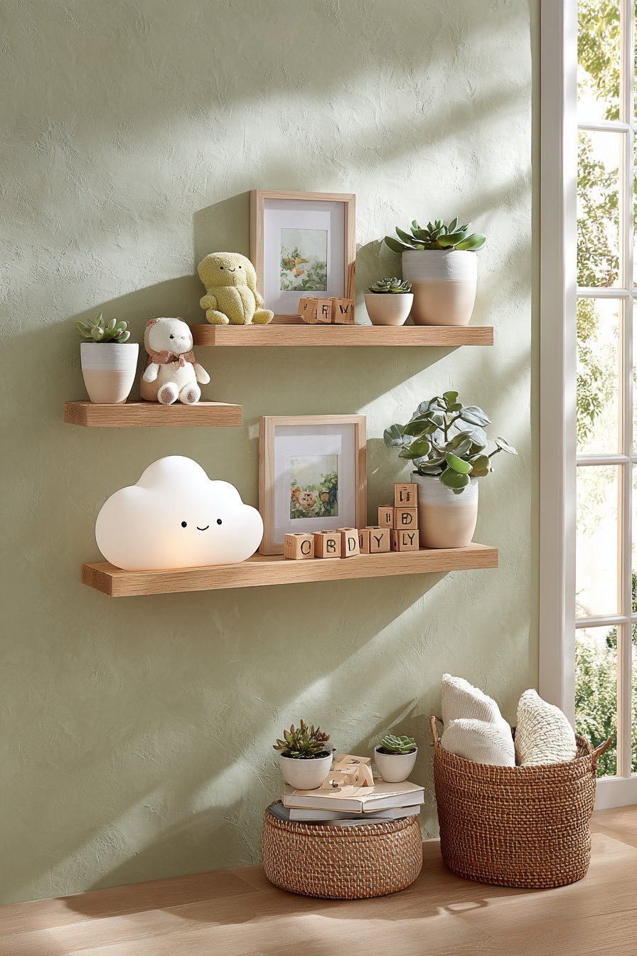 Natural Oak Floating Shelves with Curated Essentials