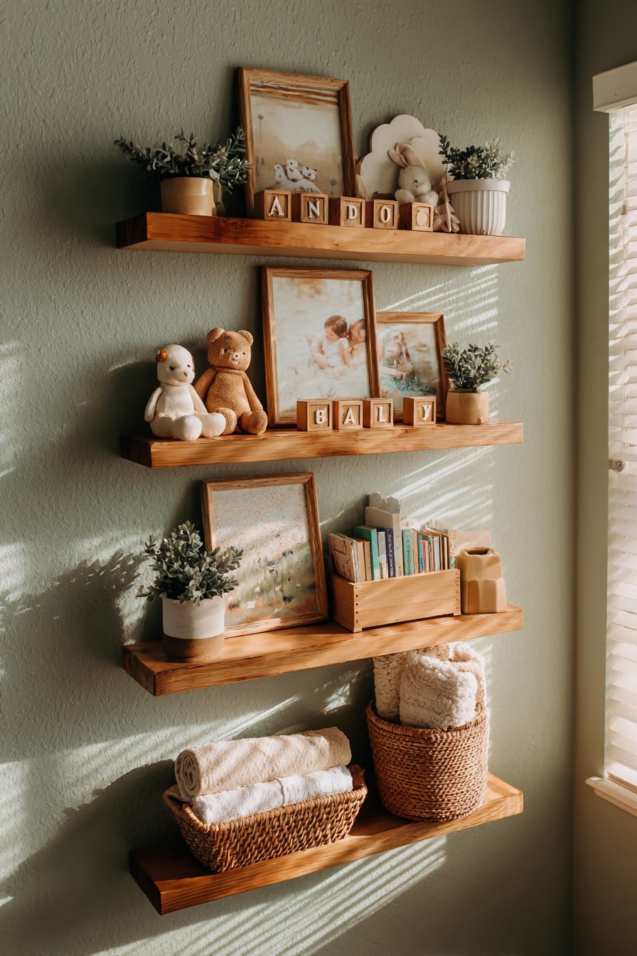 Natural Oak Floating Shelves with Curated Essentials