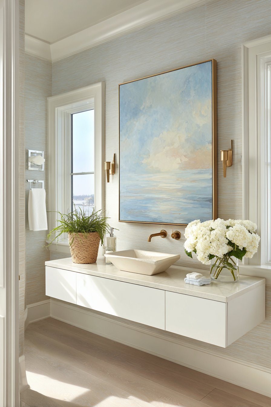 Serene Coastal Watercolor Above Floating Vanity