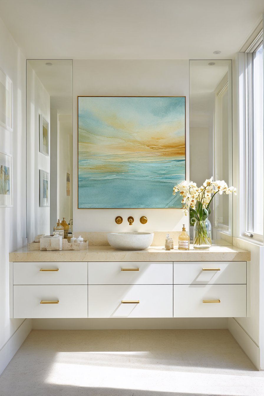 Serene Coastal Watercolor Above Floating Vanity