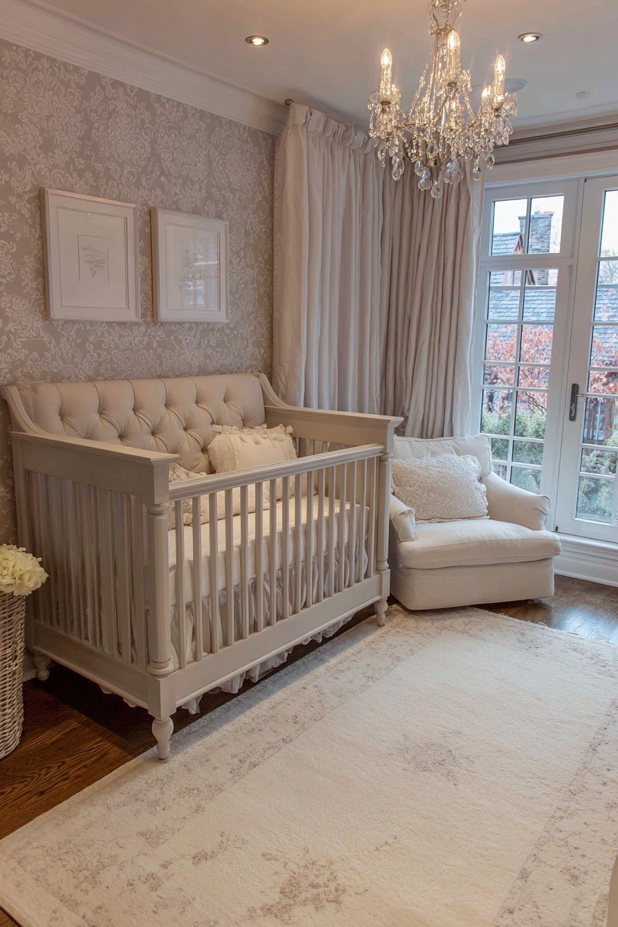 Elegant Ivory Upholstered Crib with Damask Wallpaper
