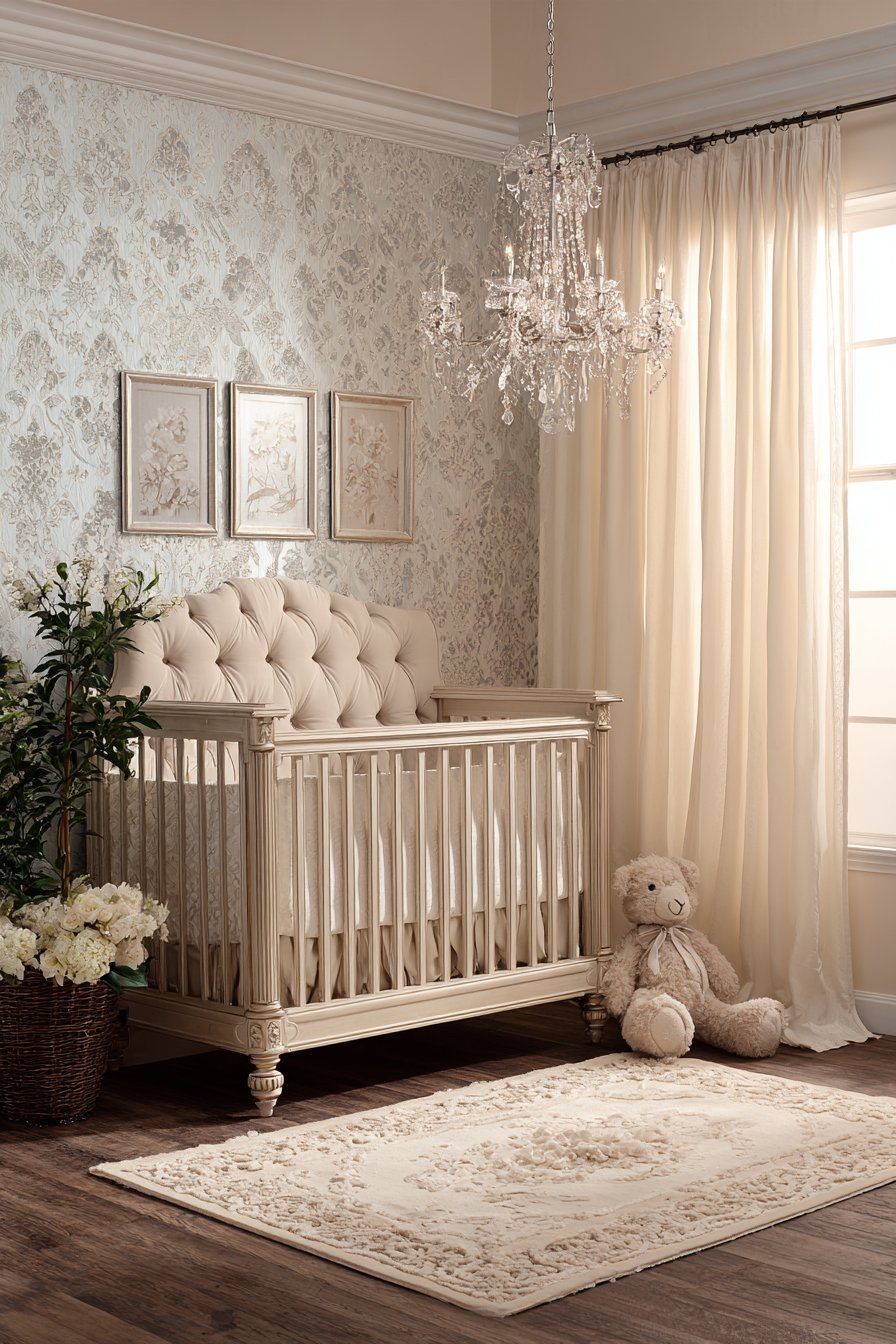 Elegant Ivory Upholstered Crib with Damask Wallpaper