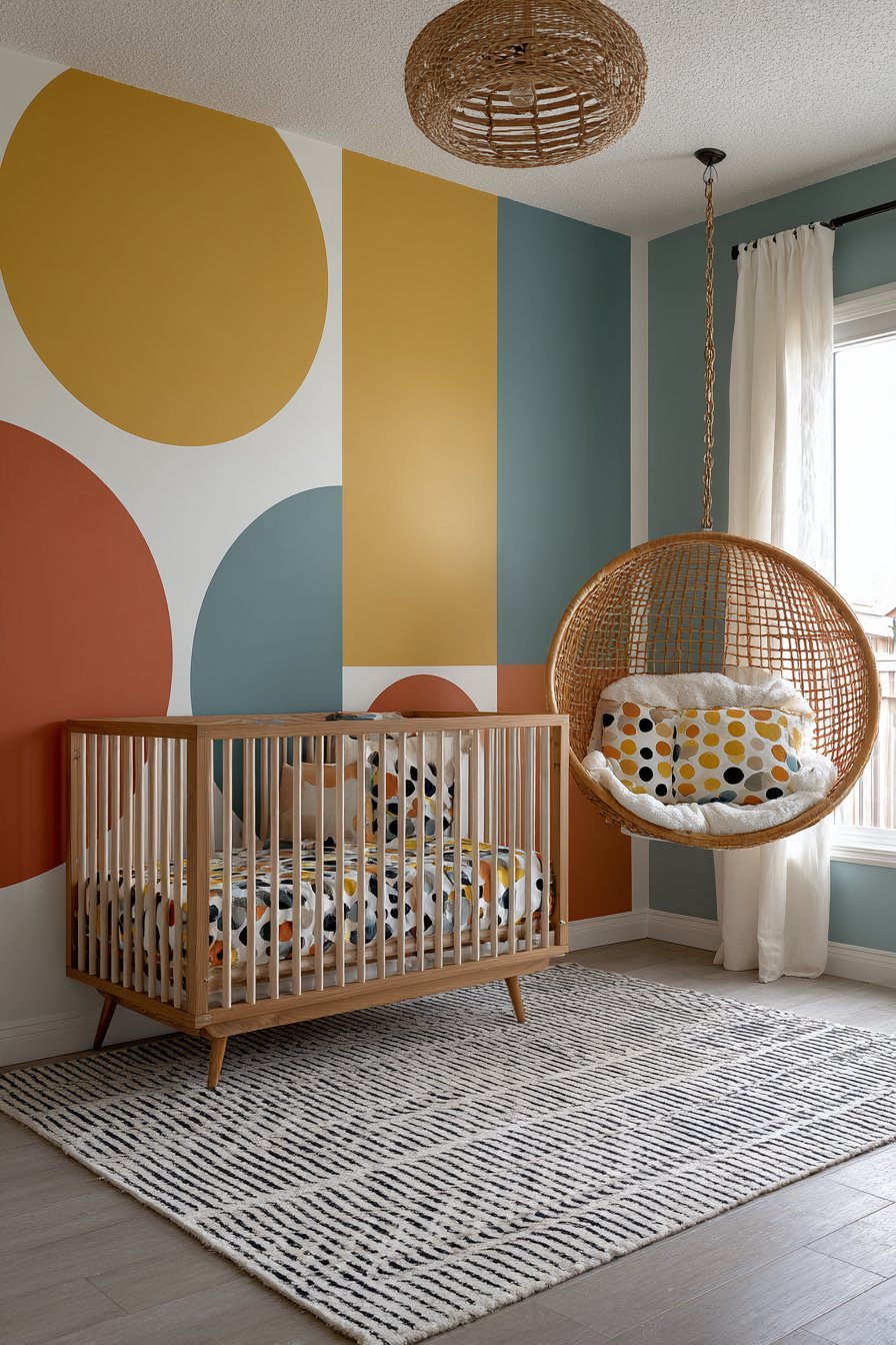 Bold Geometric Accent Wall with Mid-Century Charm