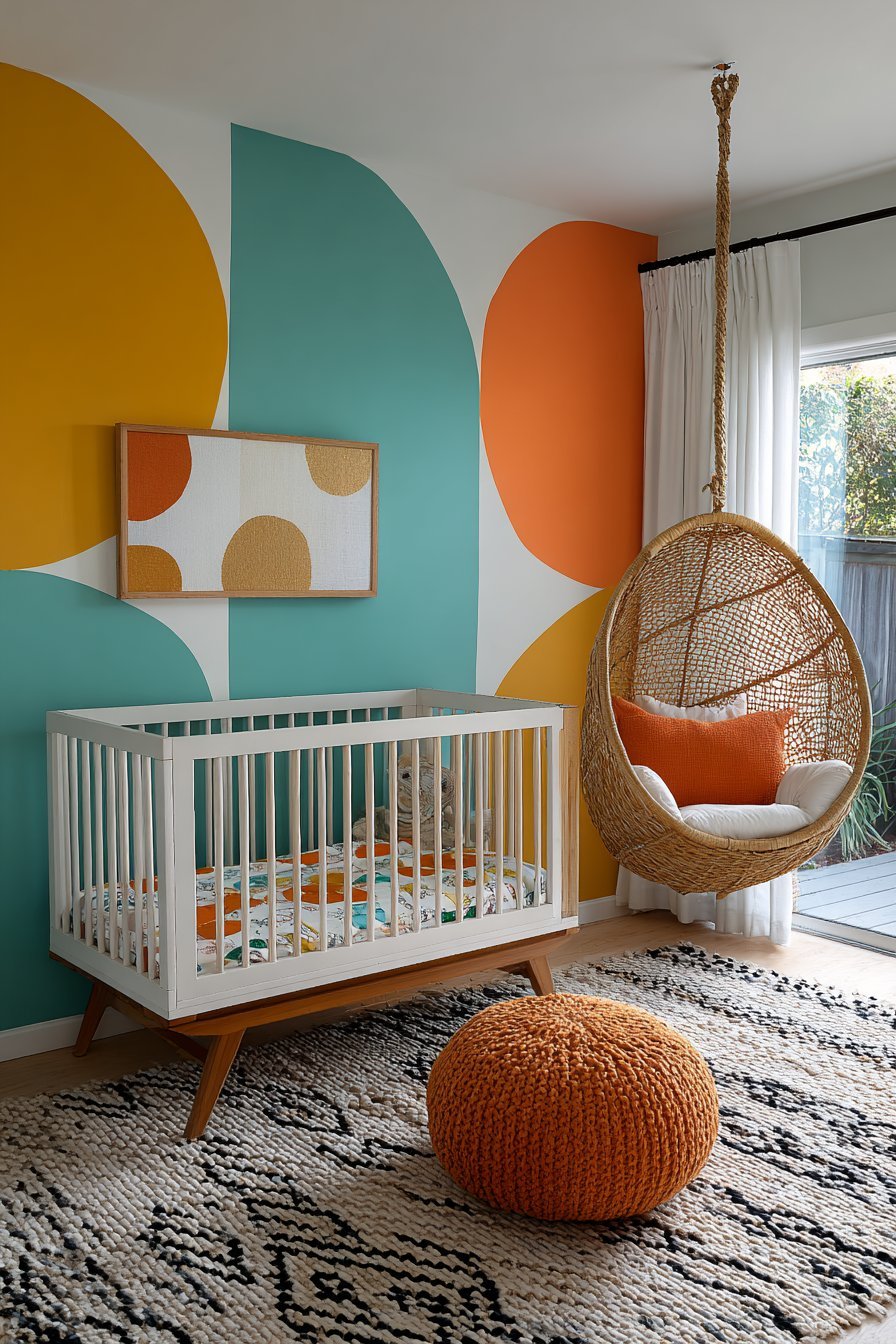 Bold Geometric Accent Wall with Mid-Century Charm