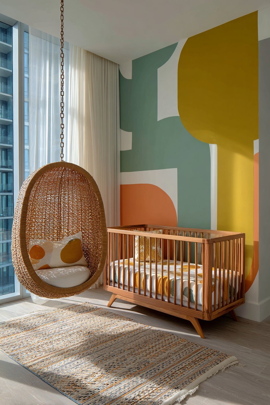 Bold Geometric Accent Wall with Mid-Century Charm