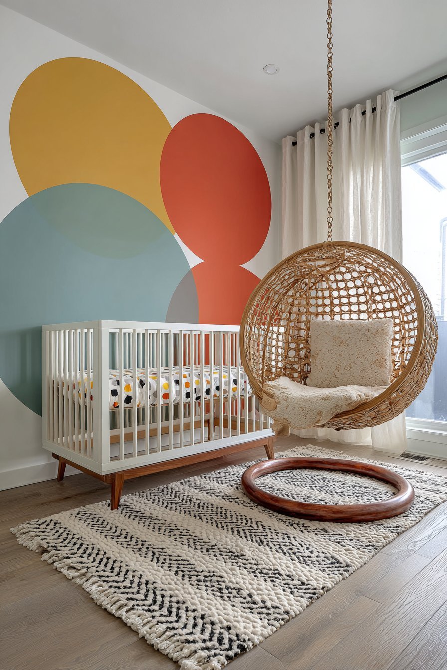 Bold Geometric Accent Wall with Mid-Century Charm