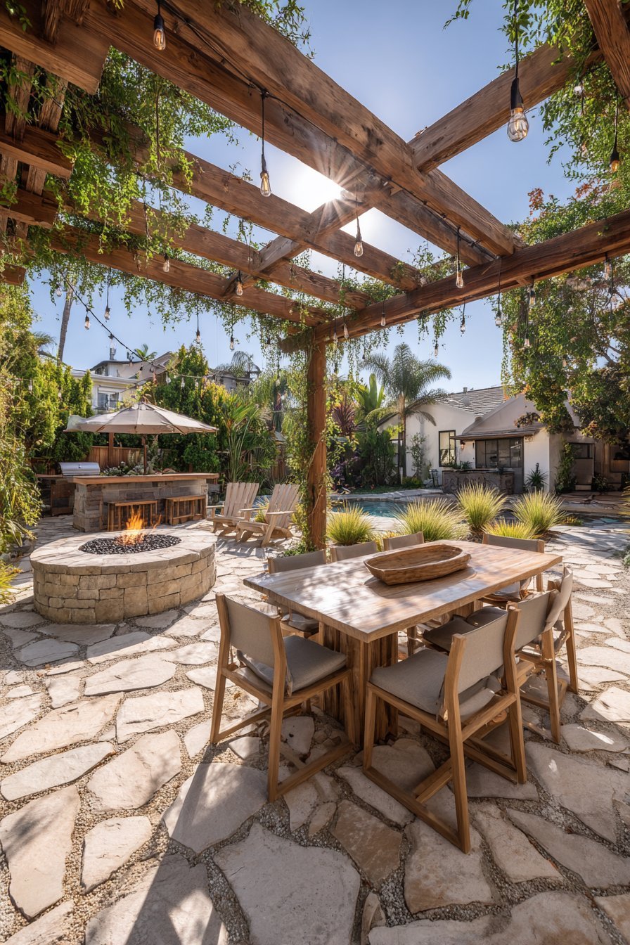 Covered Pergola with Fire Pit Living Area