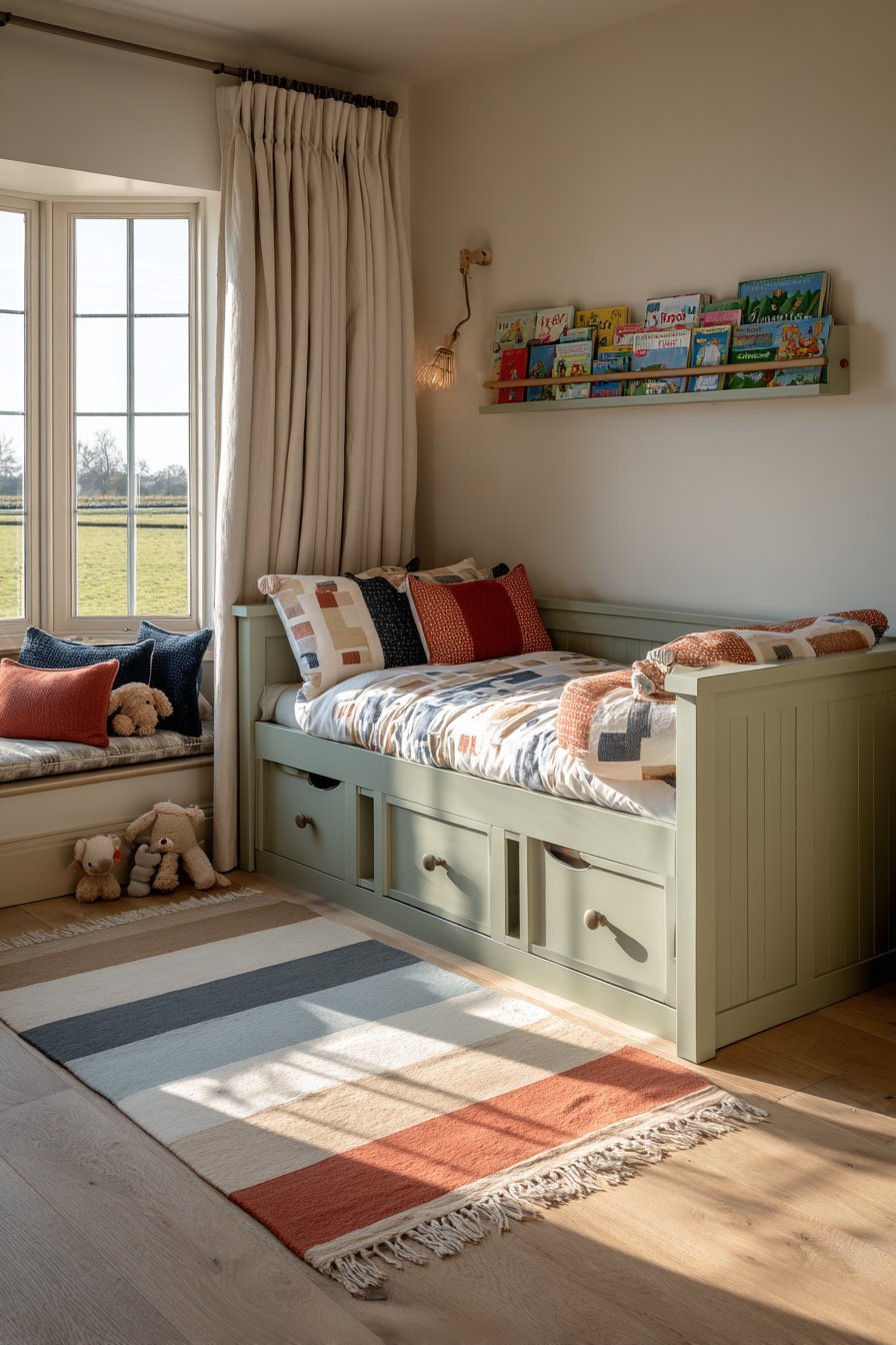 Sage Green Storage Bed with Playful Accents