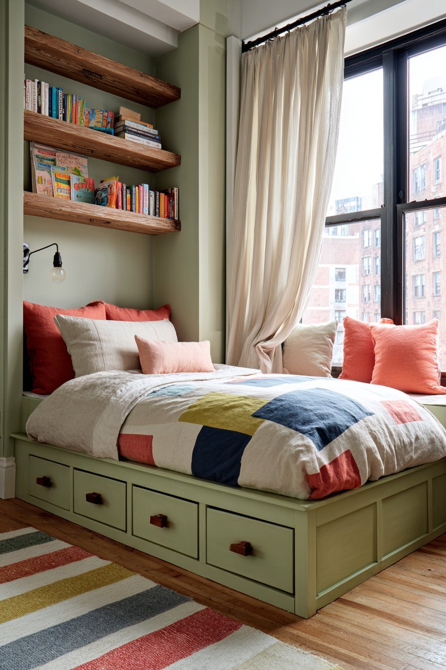 Sage Green Storage Bed with Playful Accents