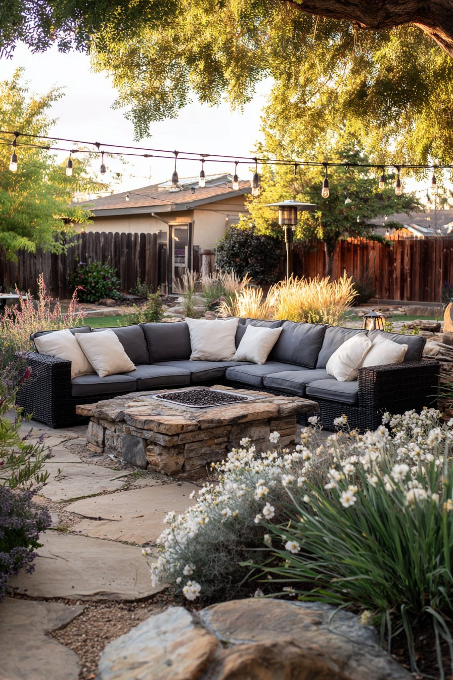 Stone Patio Paradise with Built-In Fire Feature