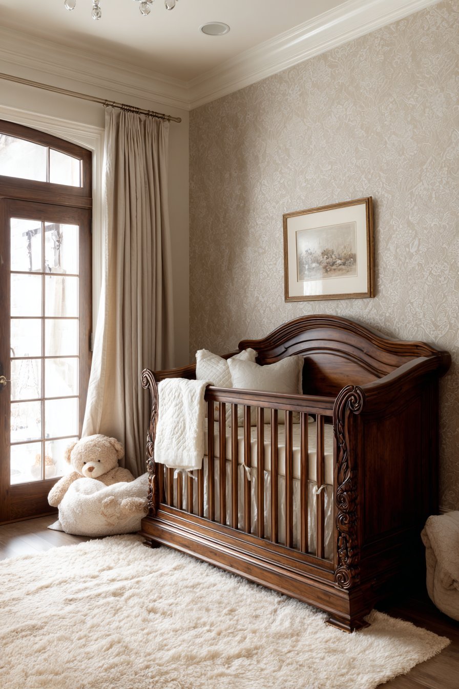 Hand-Carved Walnut Crib Centerpiece