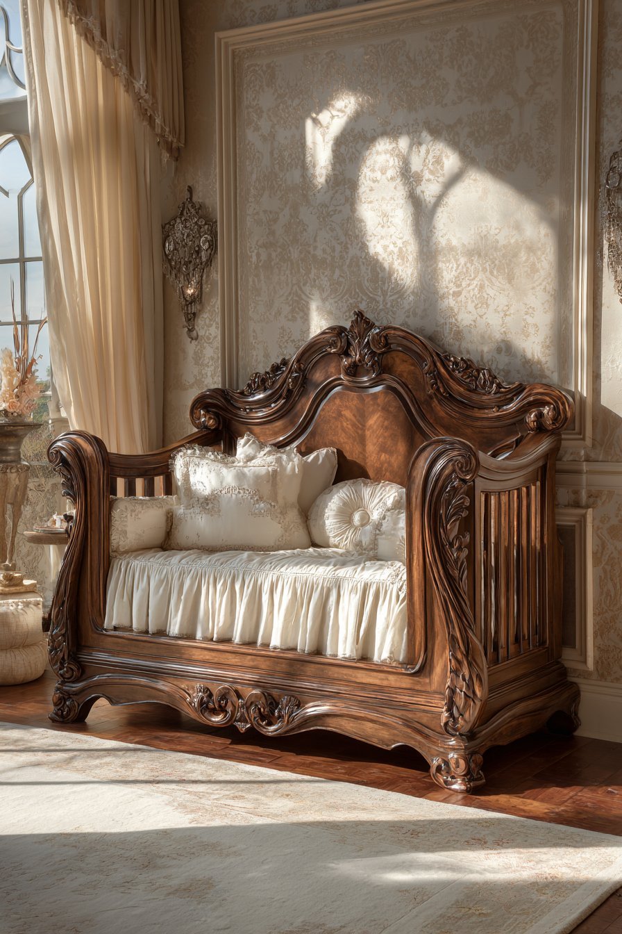 Hand-Carved Walnut Crib Centerpiece