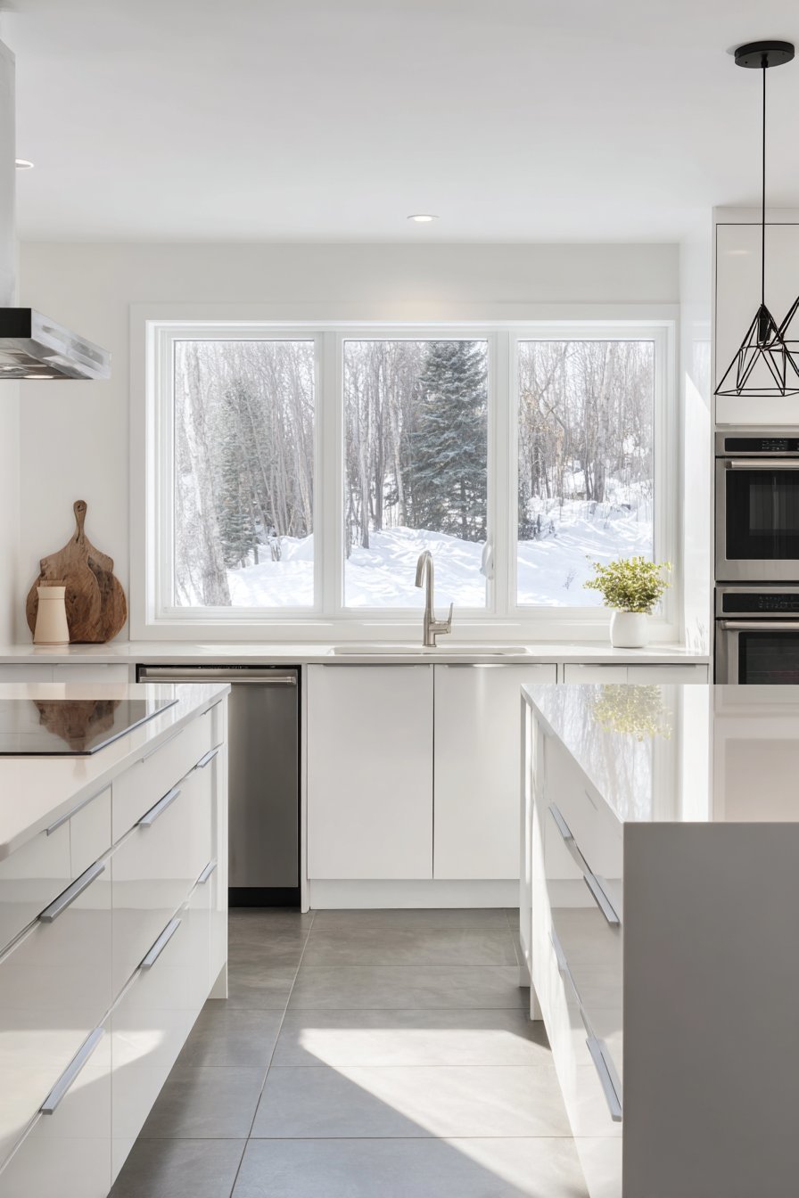 Seamless White Cabinet Kitchen with Waterfall Island