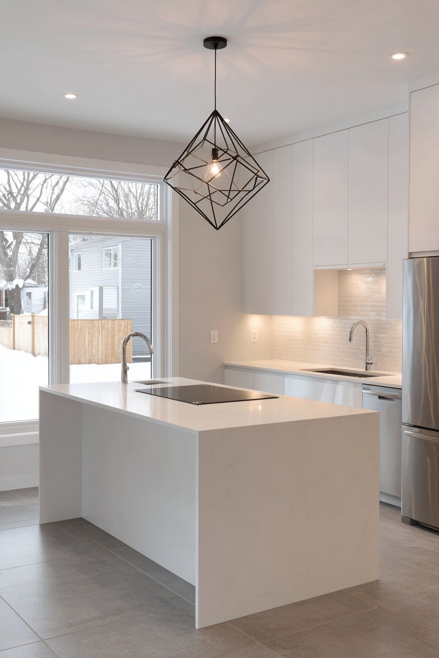 Seamless White Cabinet Kitchen with Waterfall Island