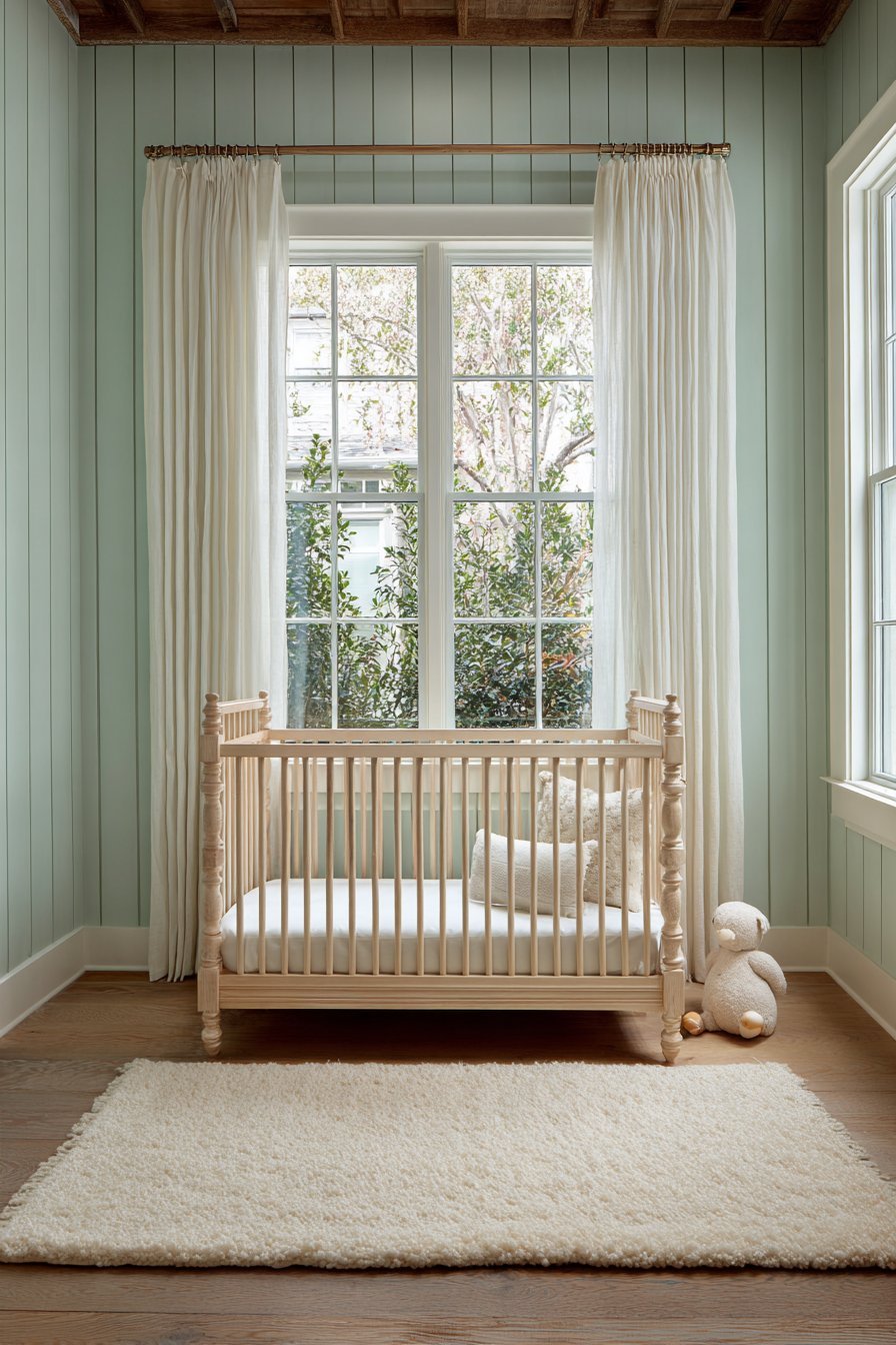 Classic White Crib Against Mint Shiplap