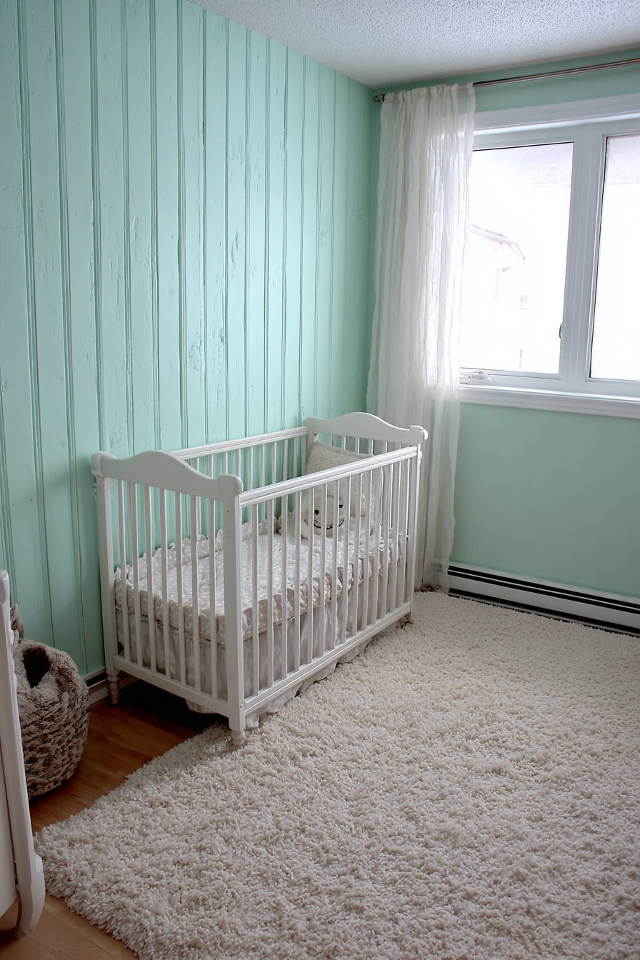 Classic White Crib Against Mint Shiplap