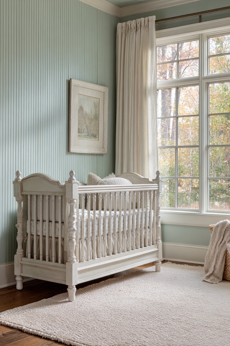 Classic White Crib Against Mint Shiplap