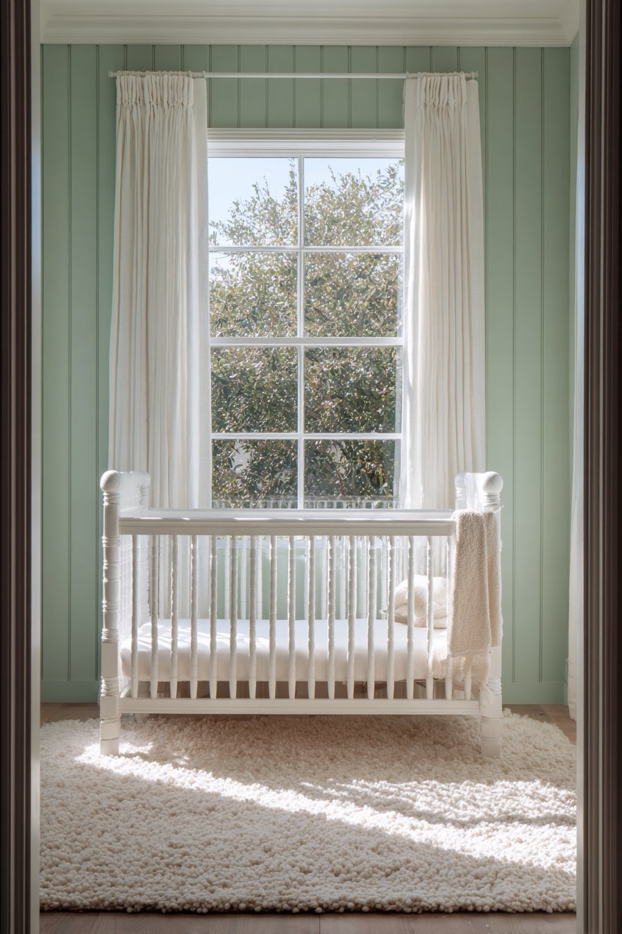 Classic White Crib Against Mint Shiplap