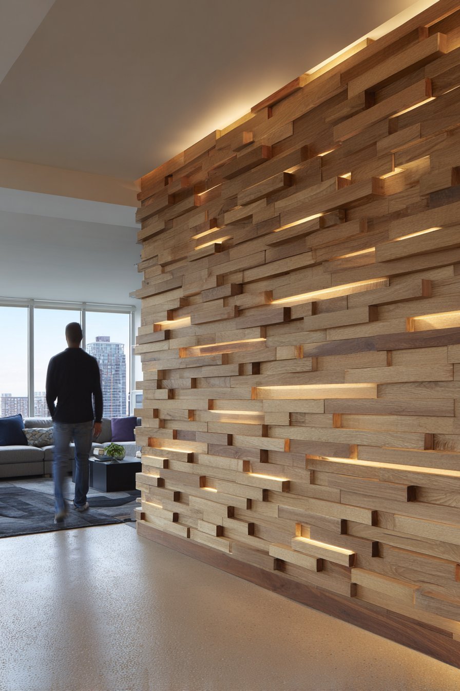 Sophisticated Geometric Wood Slat Accent Wall