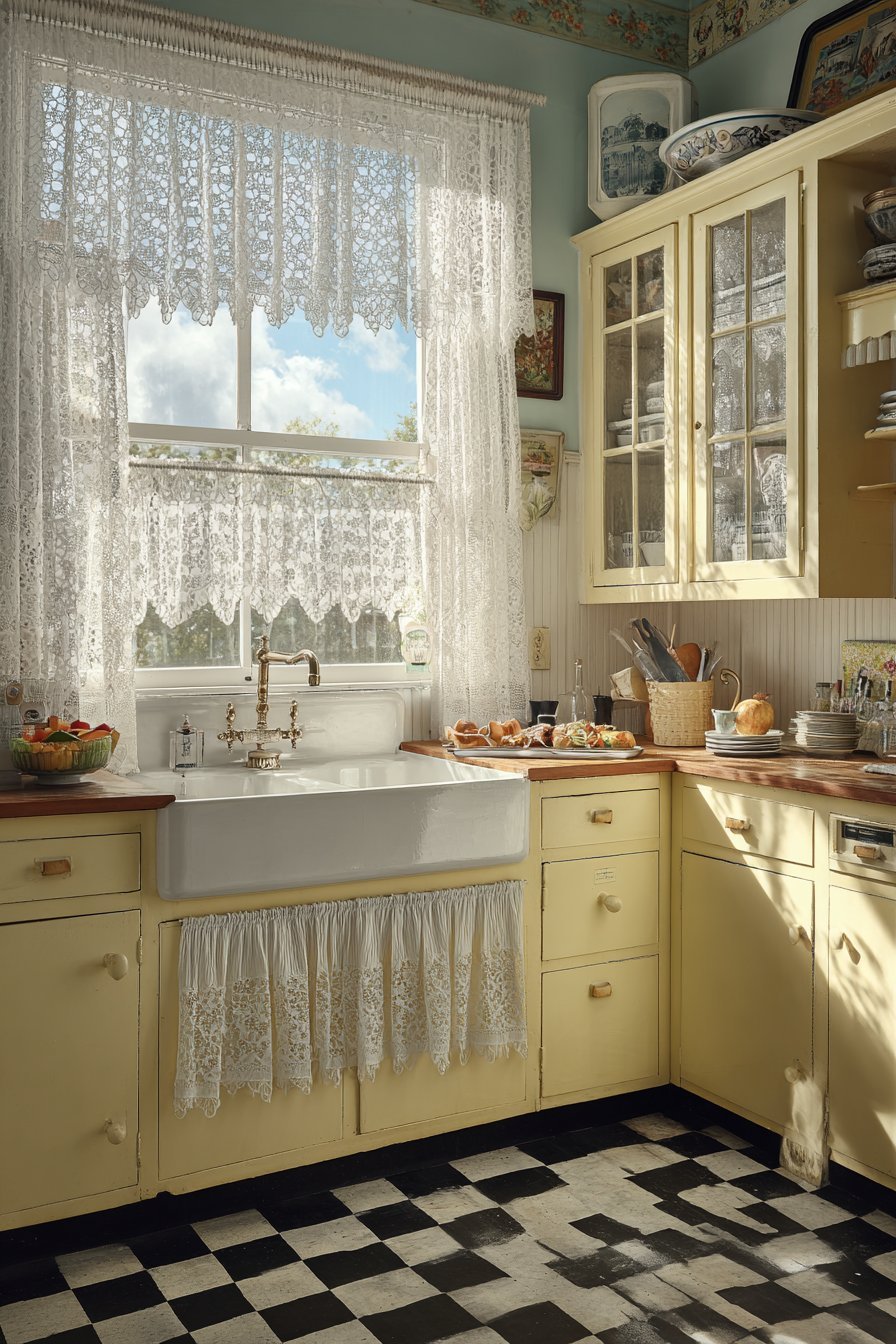 Classic 1940s Farmhouse Kitchen with Porcelain Charm