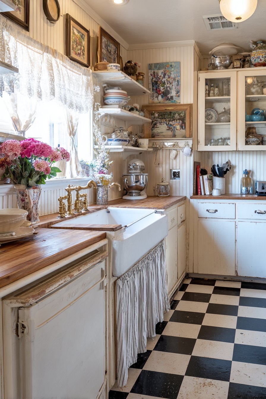 Classic 1940s Farmhouse Kitchen with Porcelain Charm