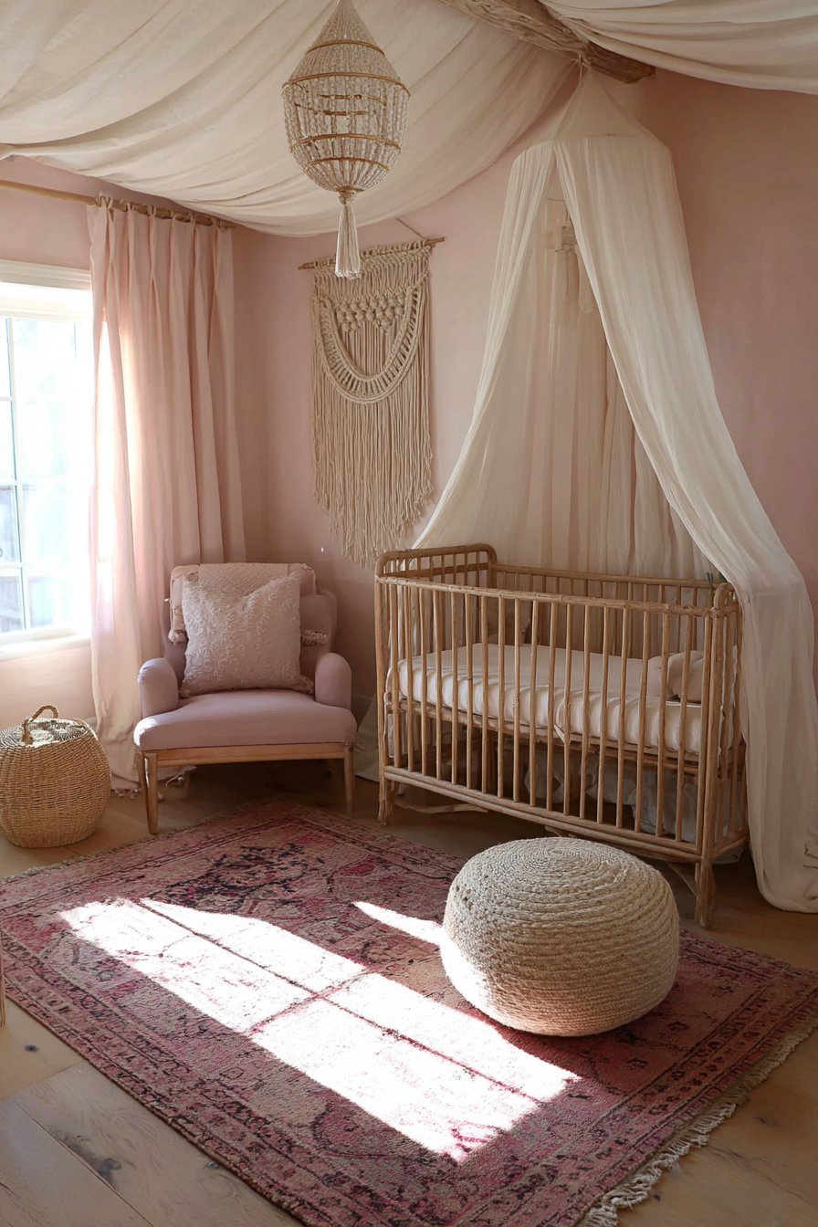 Natural Rattan Crib with Flowing Canopy