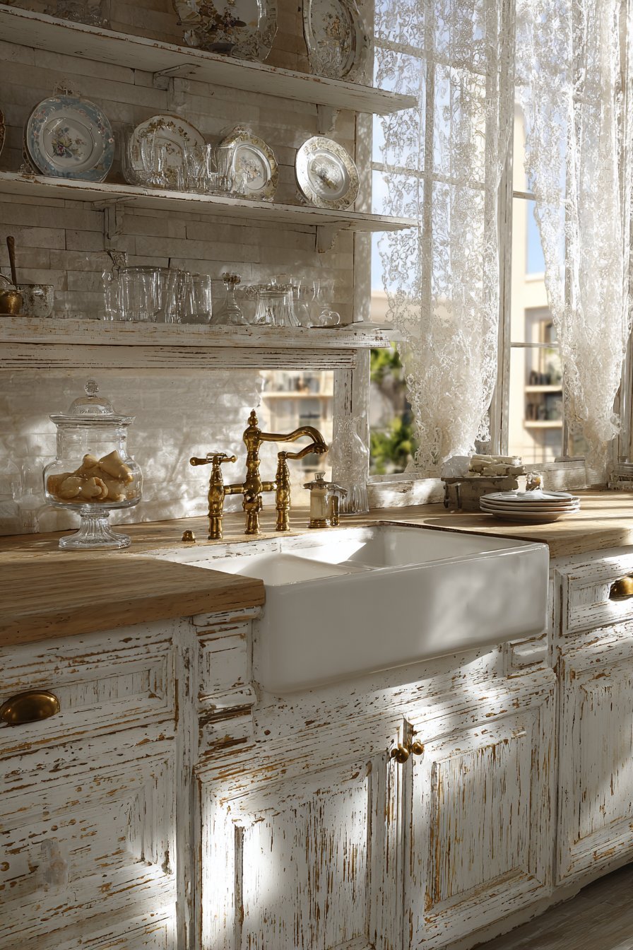 Distressed White Cabinetry with Vintage Character