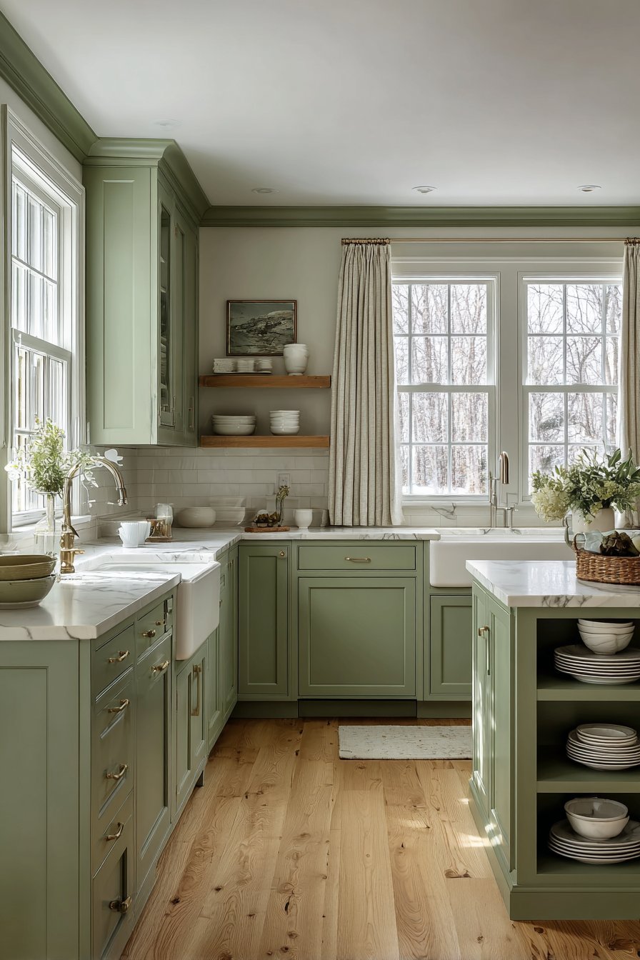 Classic Sage Green Shaker Kitchen with Brass Accents
