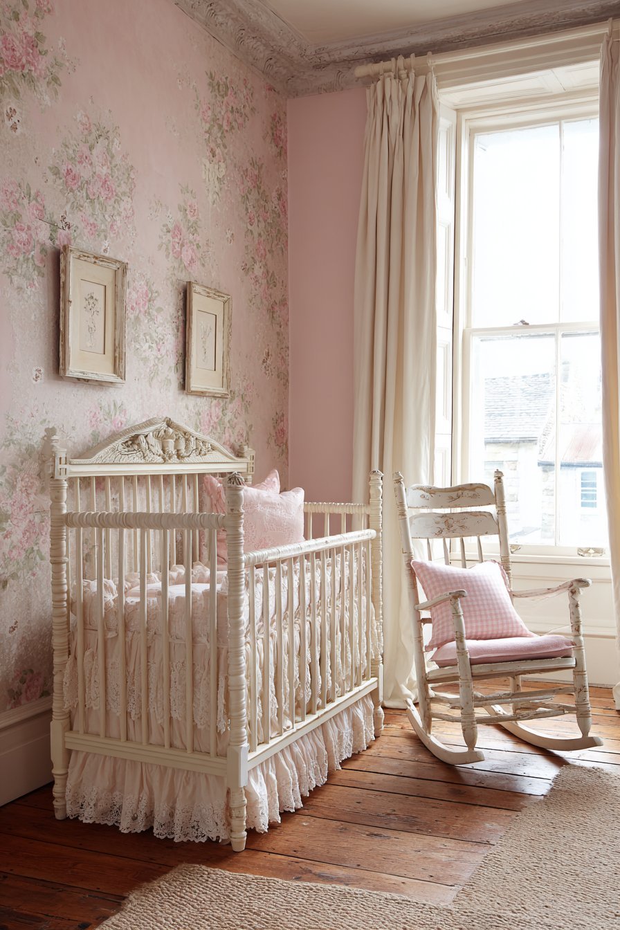 Antique White Crib with Blush Bedding