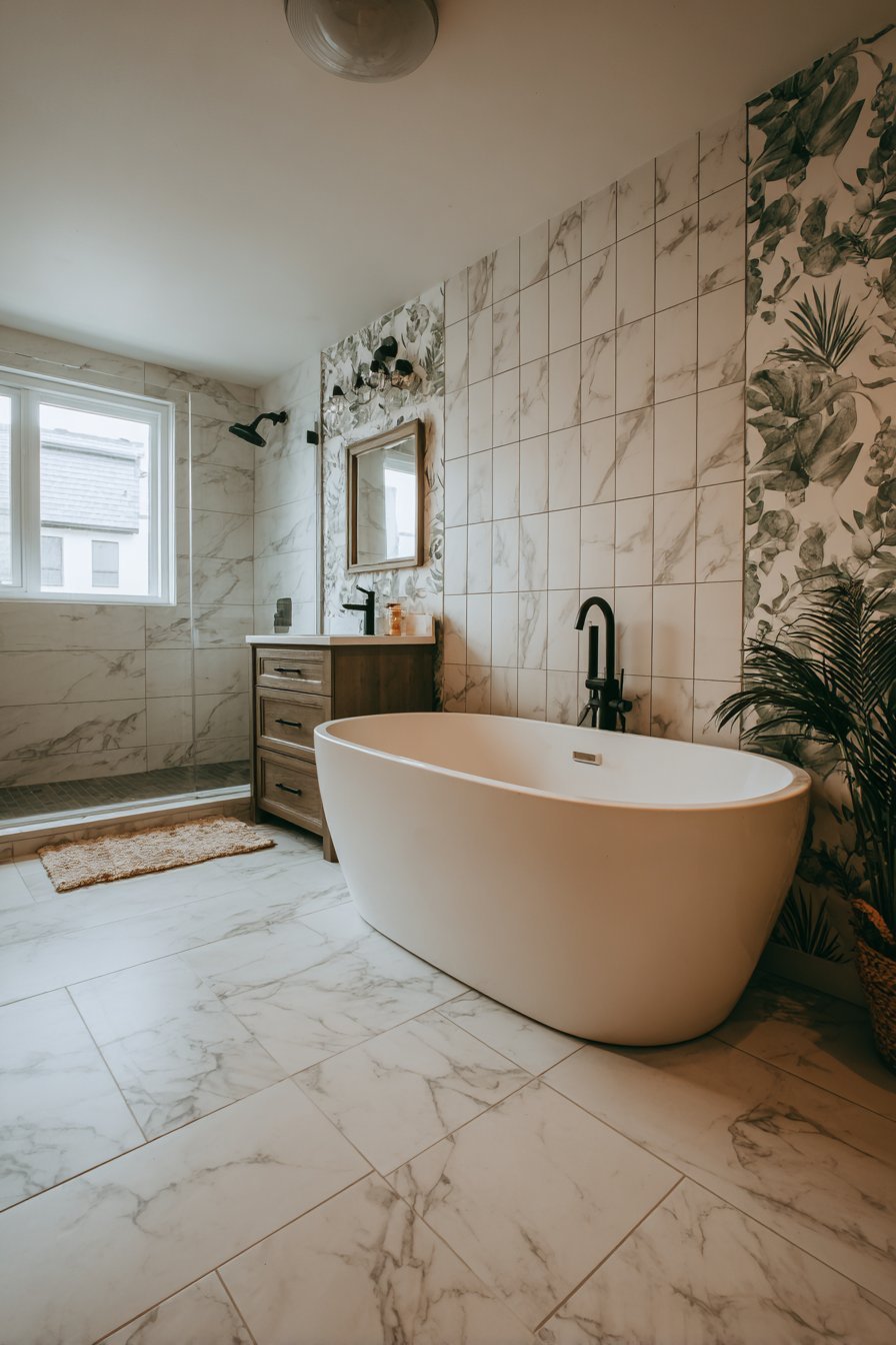 Vertical Botanical Gallery Beside Soaking Tub