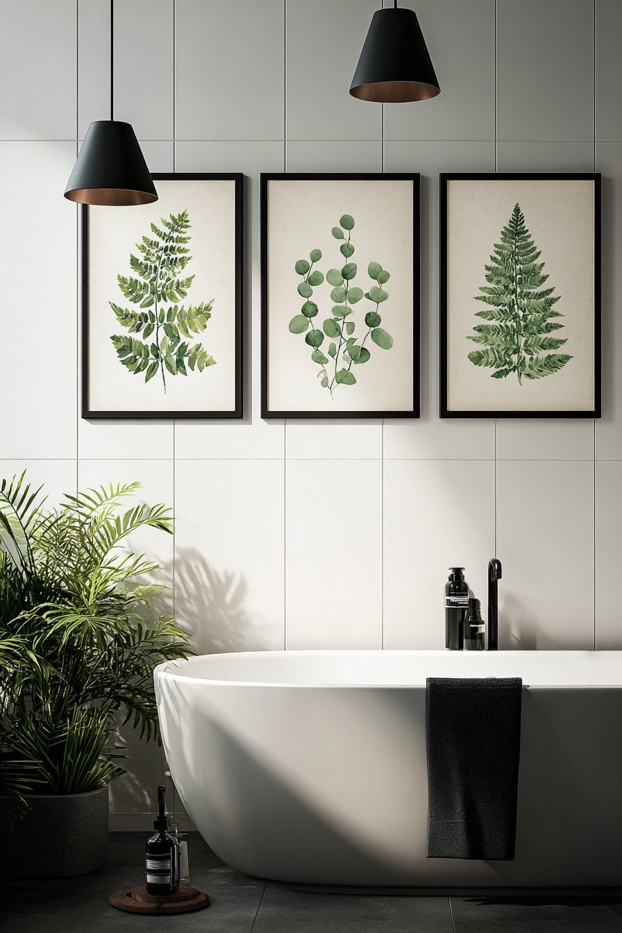 Vertical Botanical Gallery Beside Soaking Tub