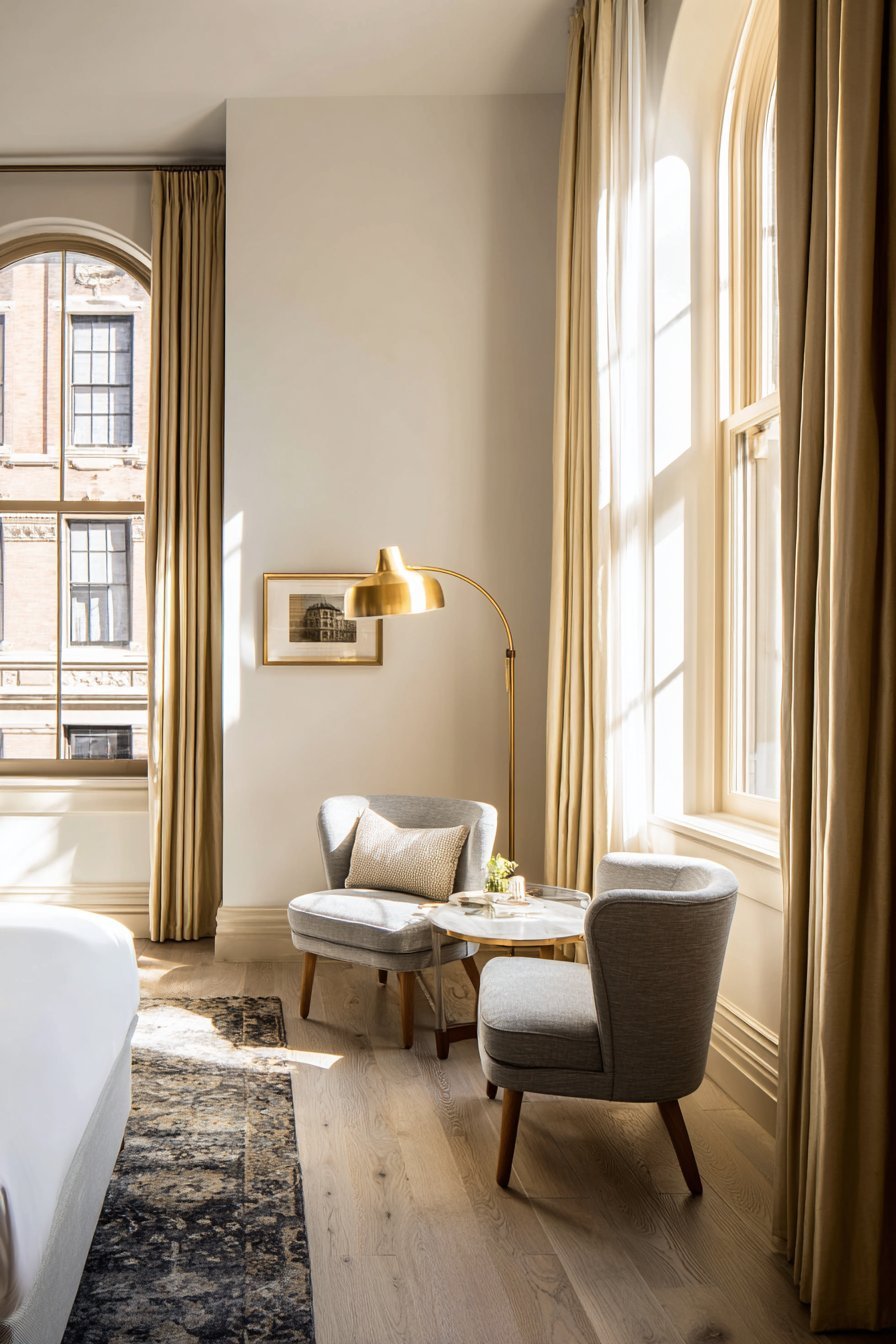 Sophisticated Sitting Area with Champagne Silk