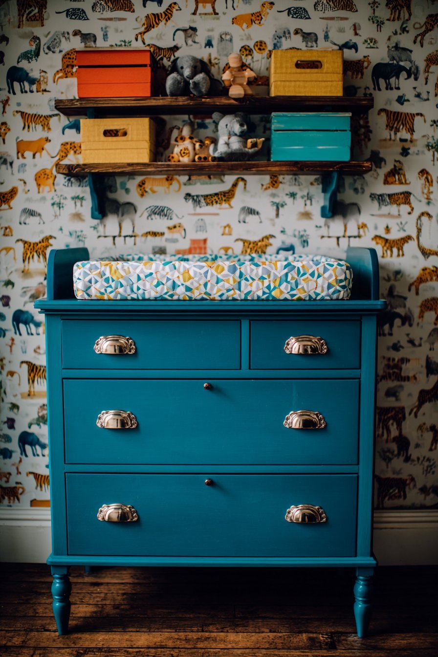 Vintage Credenza Storage with Peacock Blue Drama