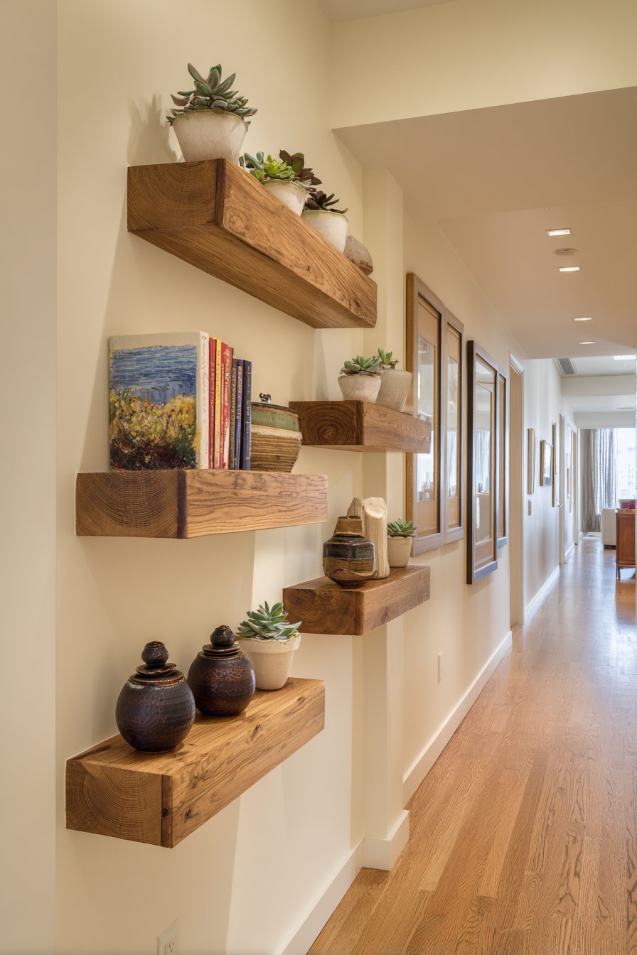 Floating Wooden Shelves with Curated Collections
