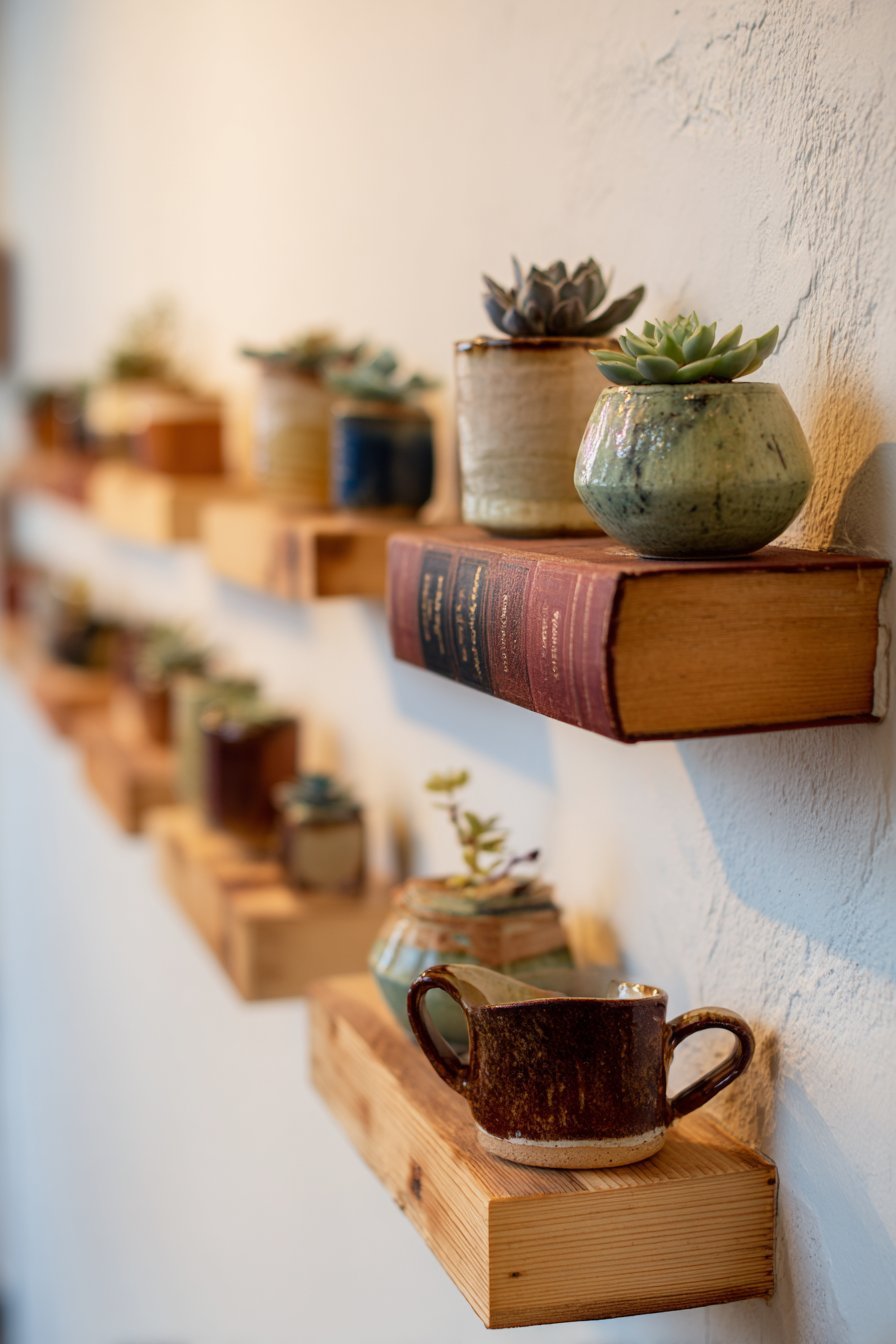 Floating Wooden Shelves with Curated Collections