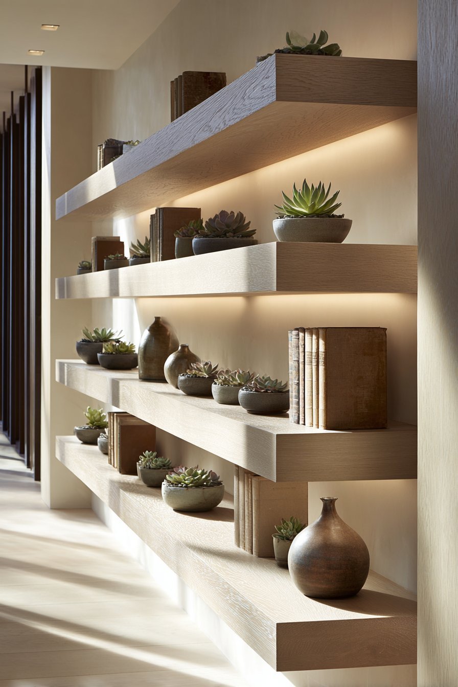 Floating Wooden Shelves with Curated Collections