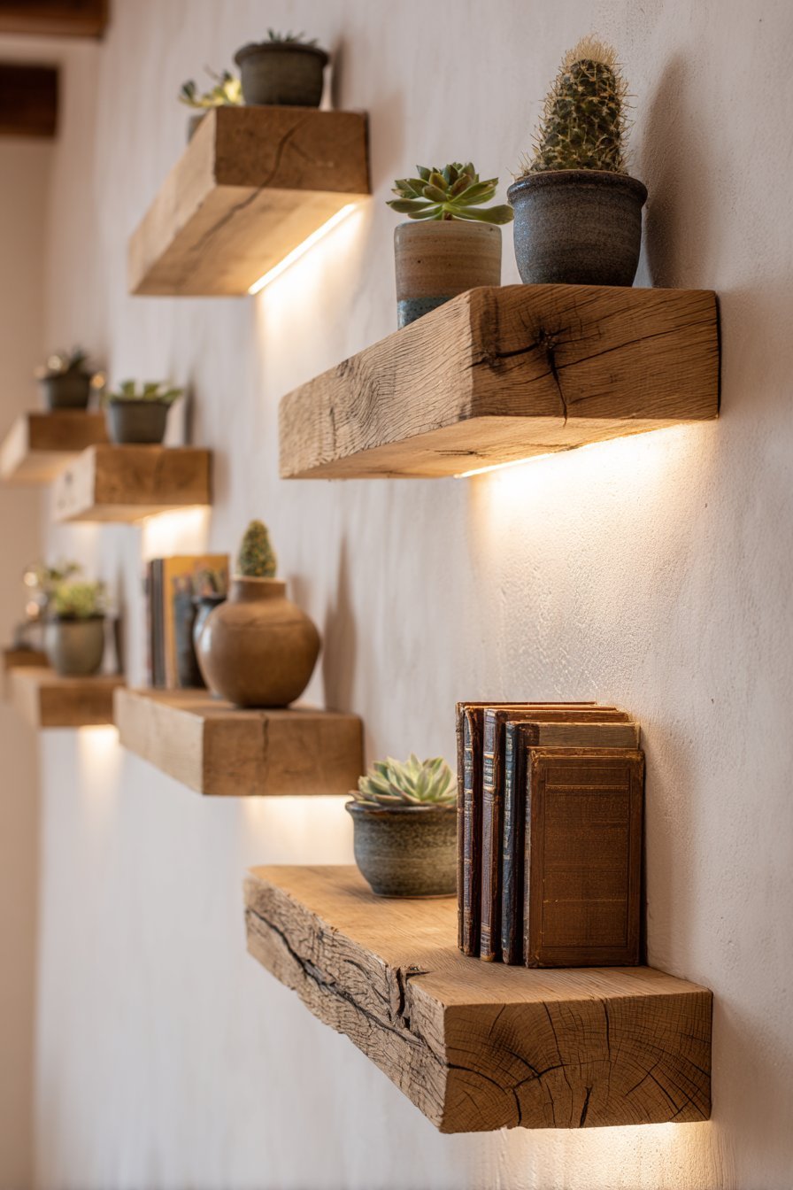 Floating Wooden Shelves with Curated Collections