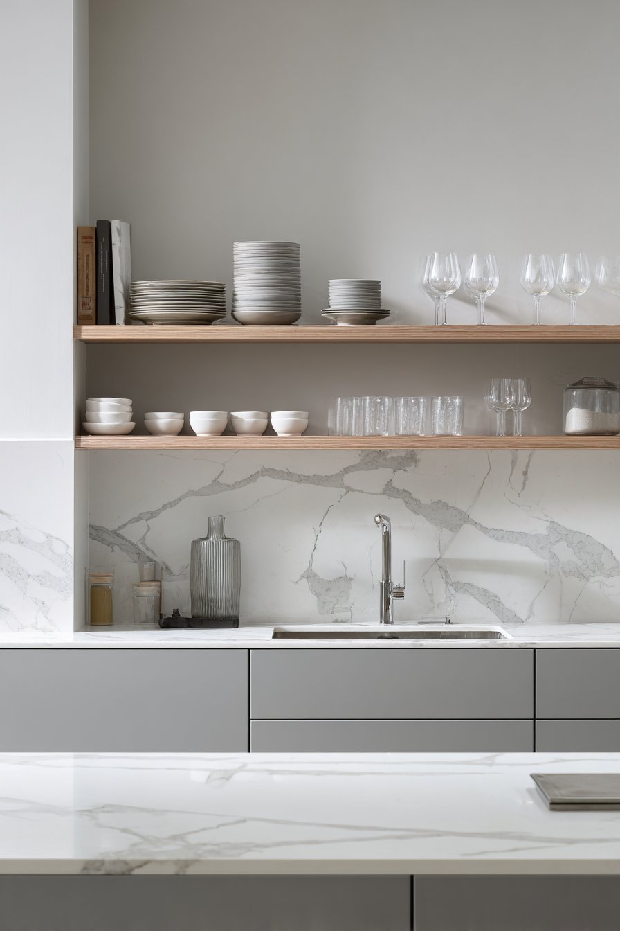 Handle-Less Grey Kitchen with Floating Oak Shelves