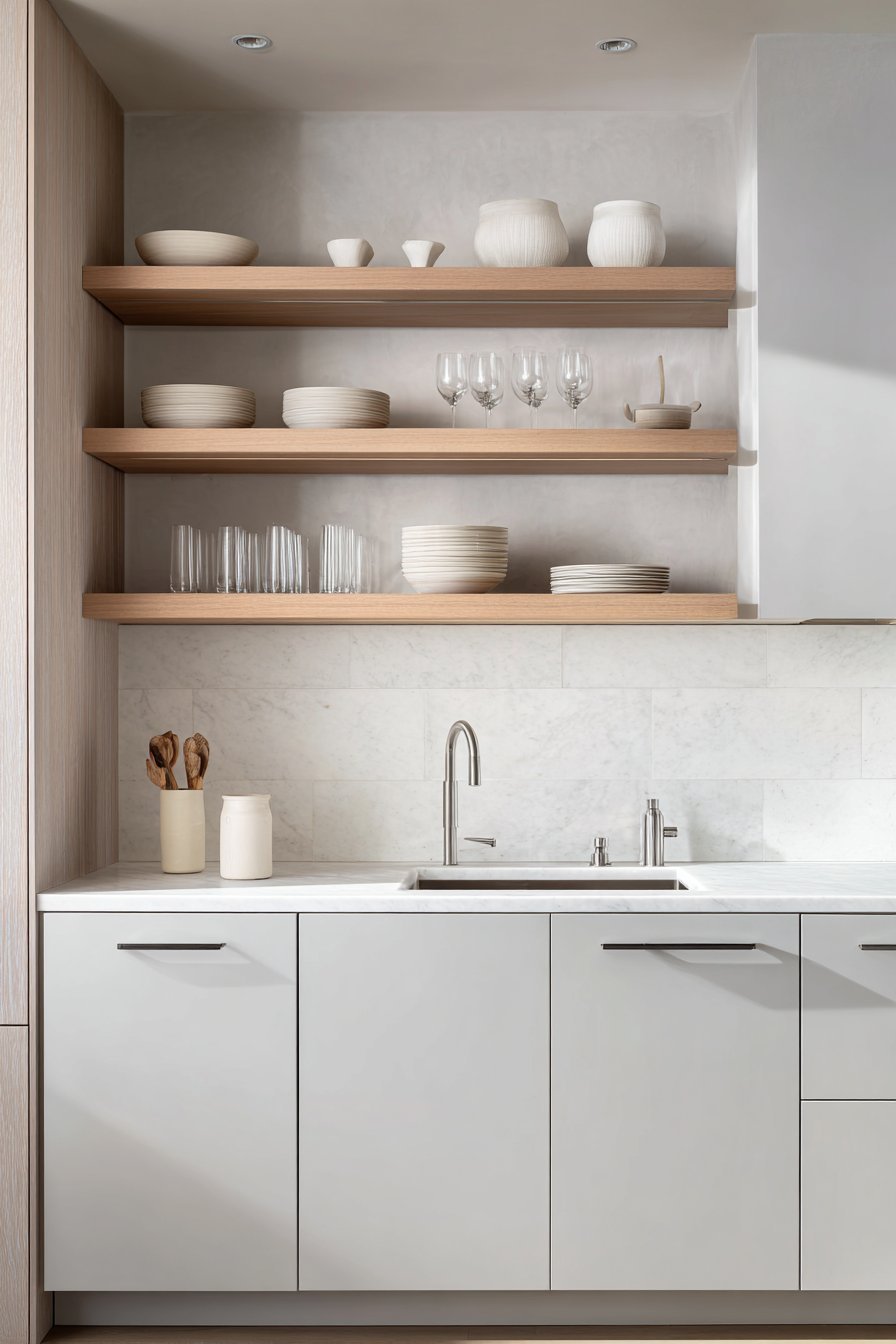 Handle-Less Grey Kitchen with Floating Oak Shelves