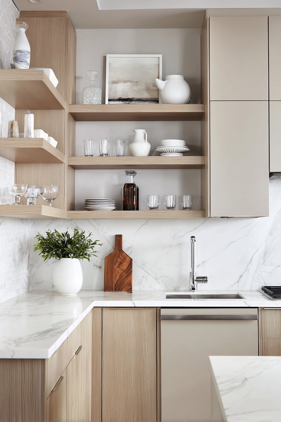 Handle-Less Grey Kitchen with Floating Oak Shelves