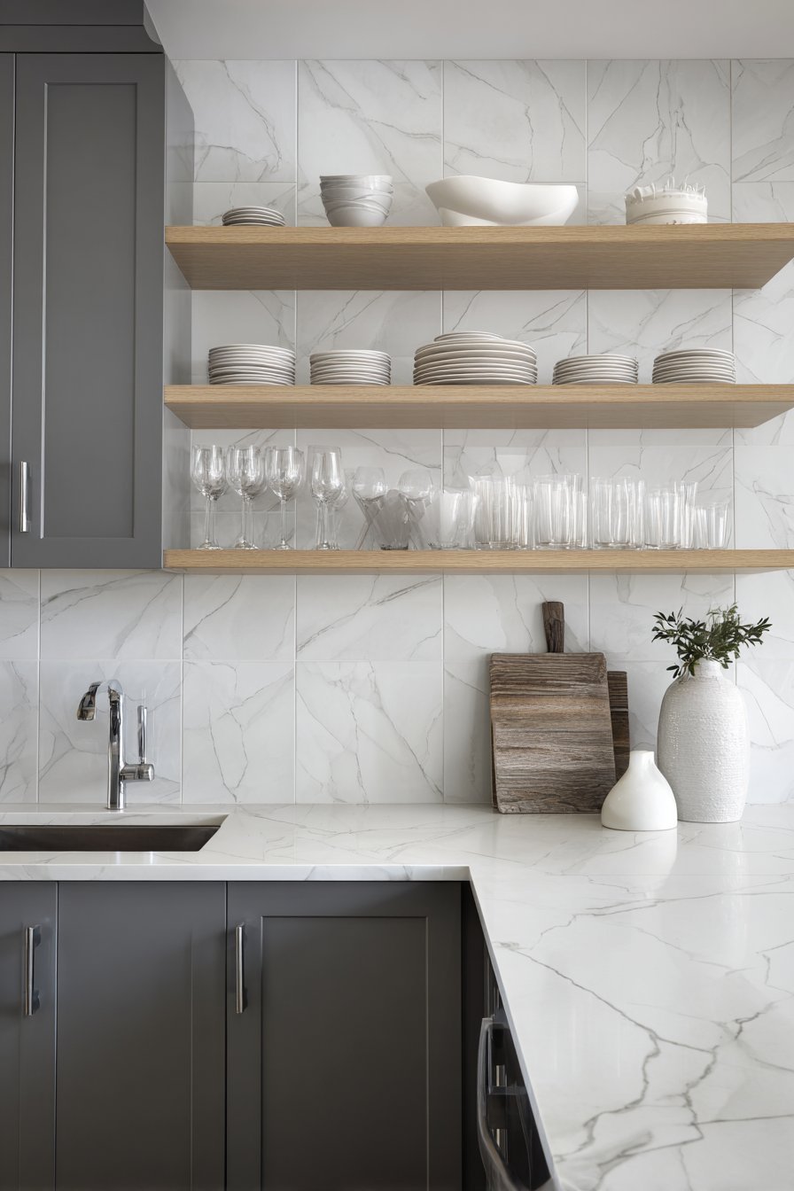 Handle-Less Grey Kitchen with Floating Oak Shelves