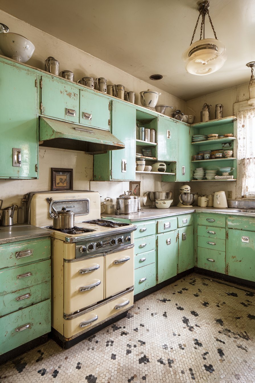 Mint Green Metal Cabinet Mid-Century Kitchen