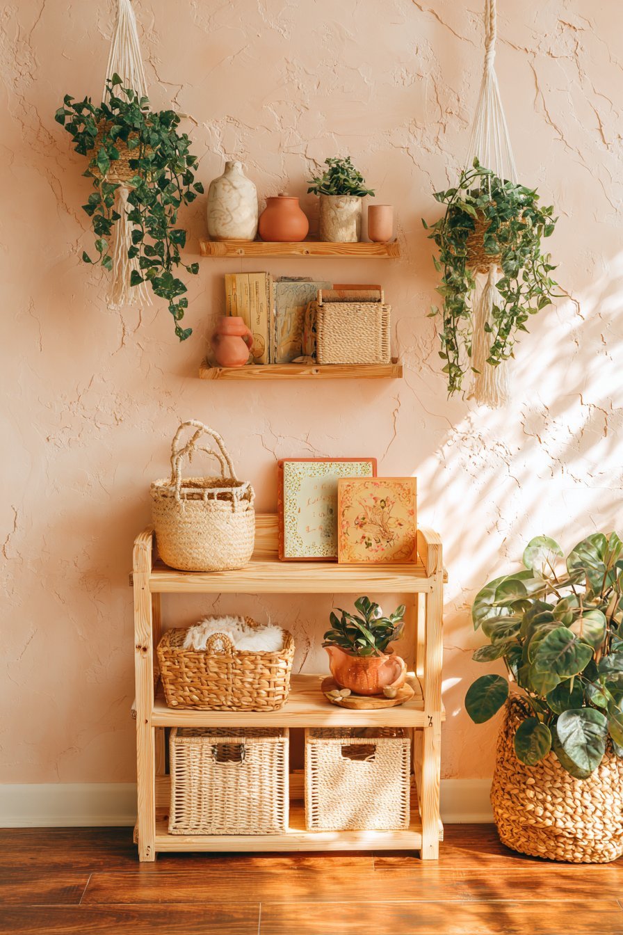 Open Wooden Shelving with Bohemian Touches