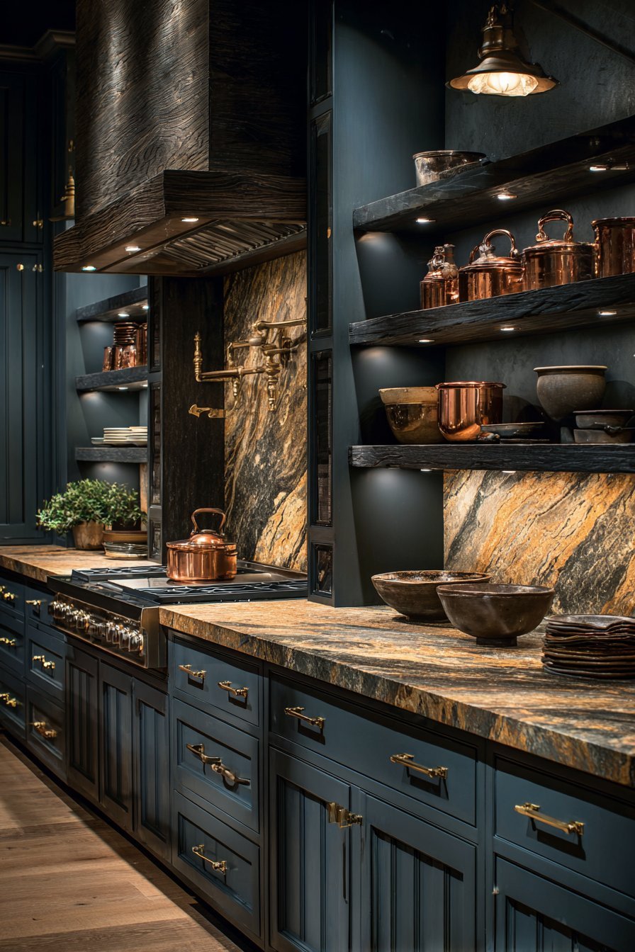 Navy Blue Shaker Cabinetry With Brass Accents