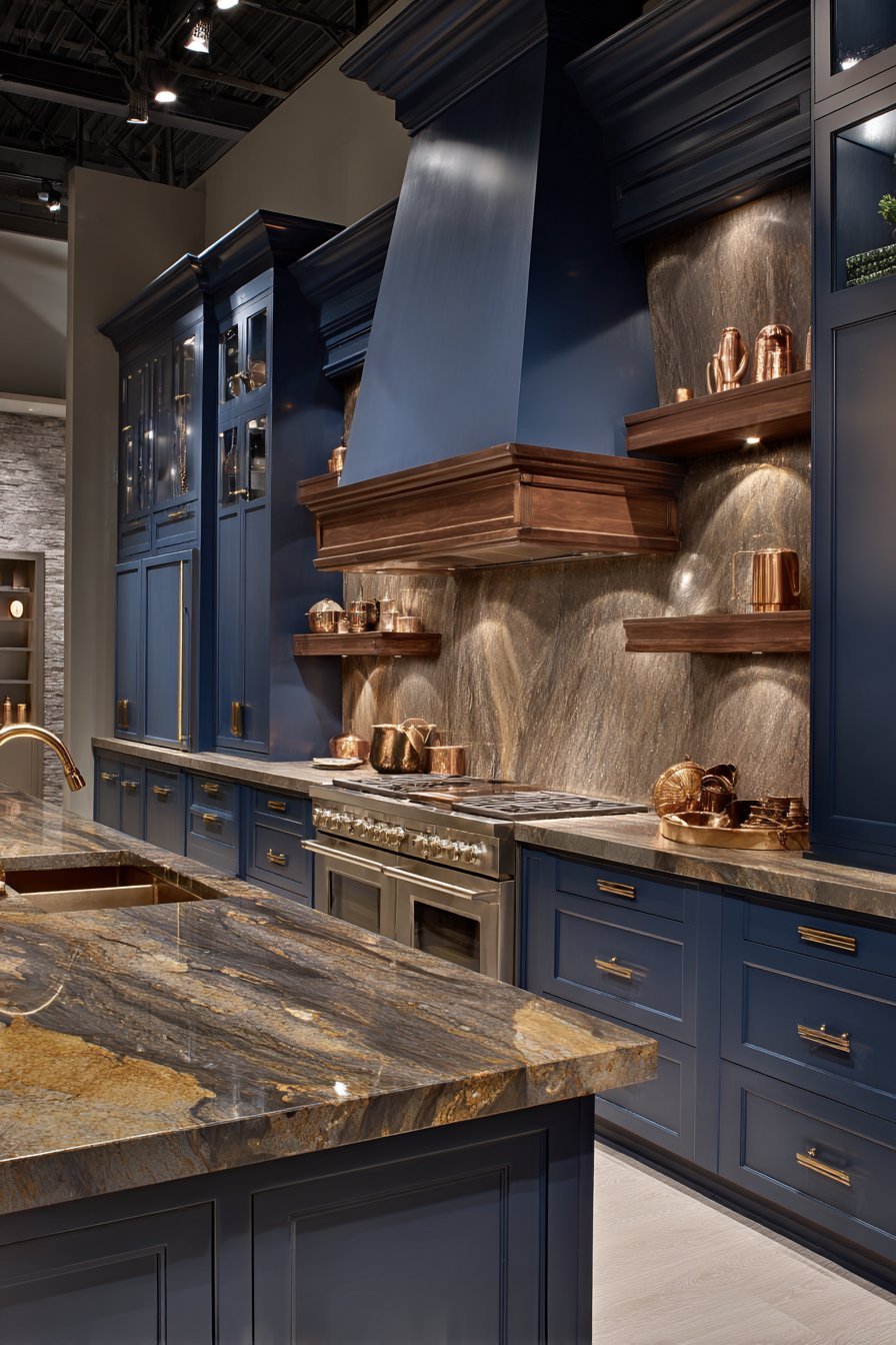 Navy Blue Shaker Cabinetry With Brass Accents