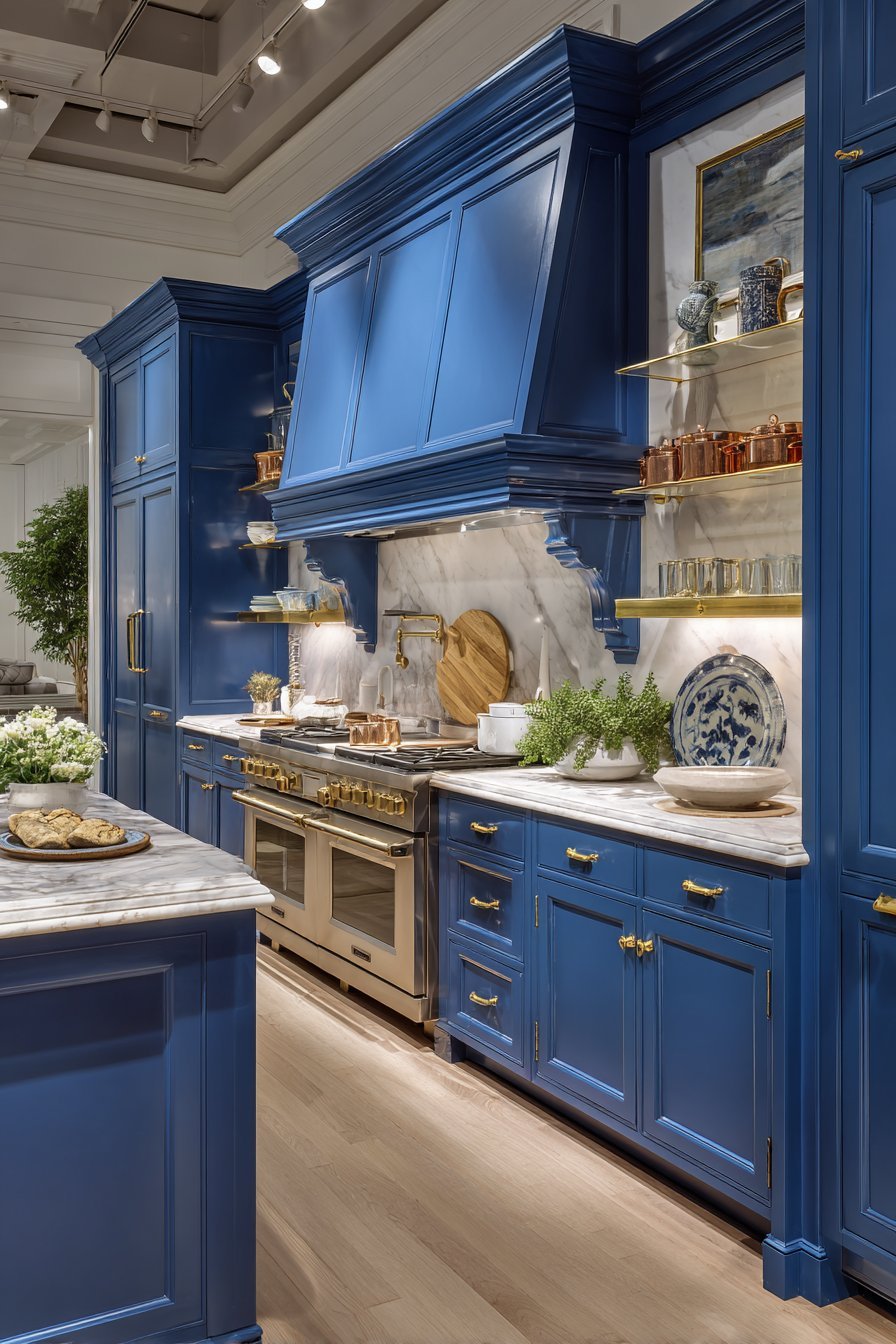 Navy Blue Shaker Cabinetry With Brass Accents