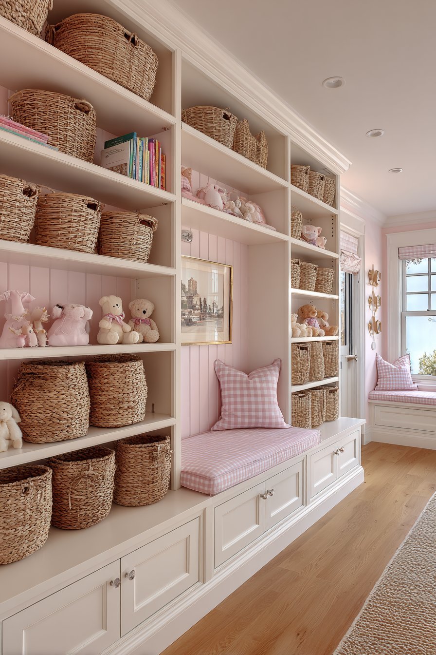 Organized Storage Wall in Soft Pink
