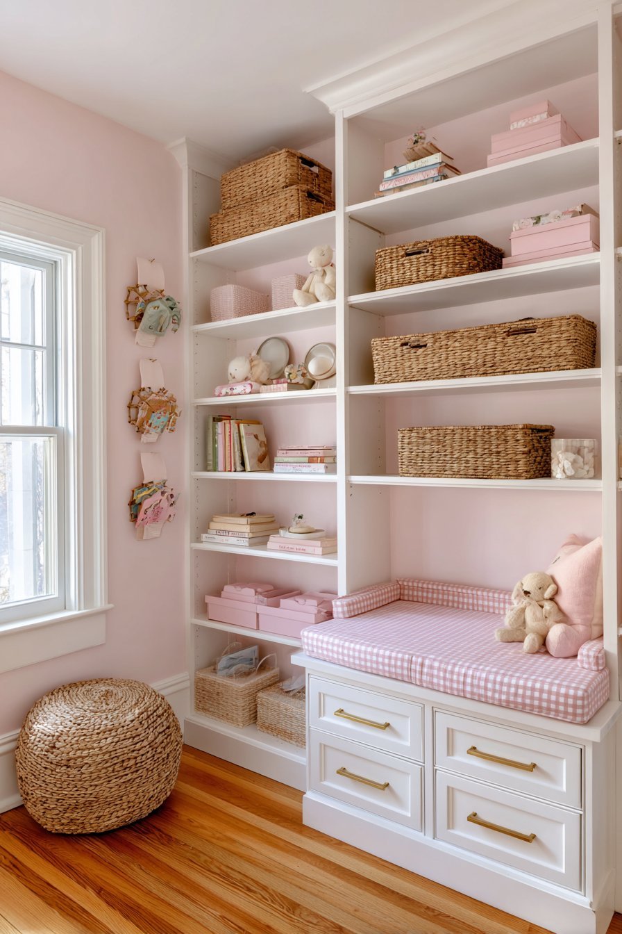 Organized Storage Wall in Soft Pink