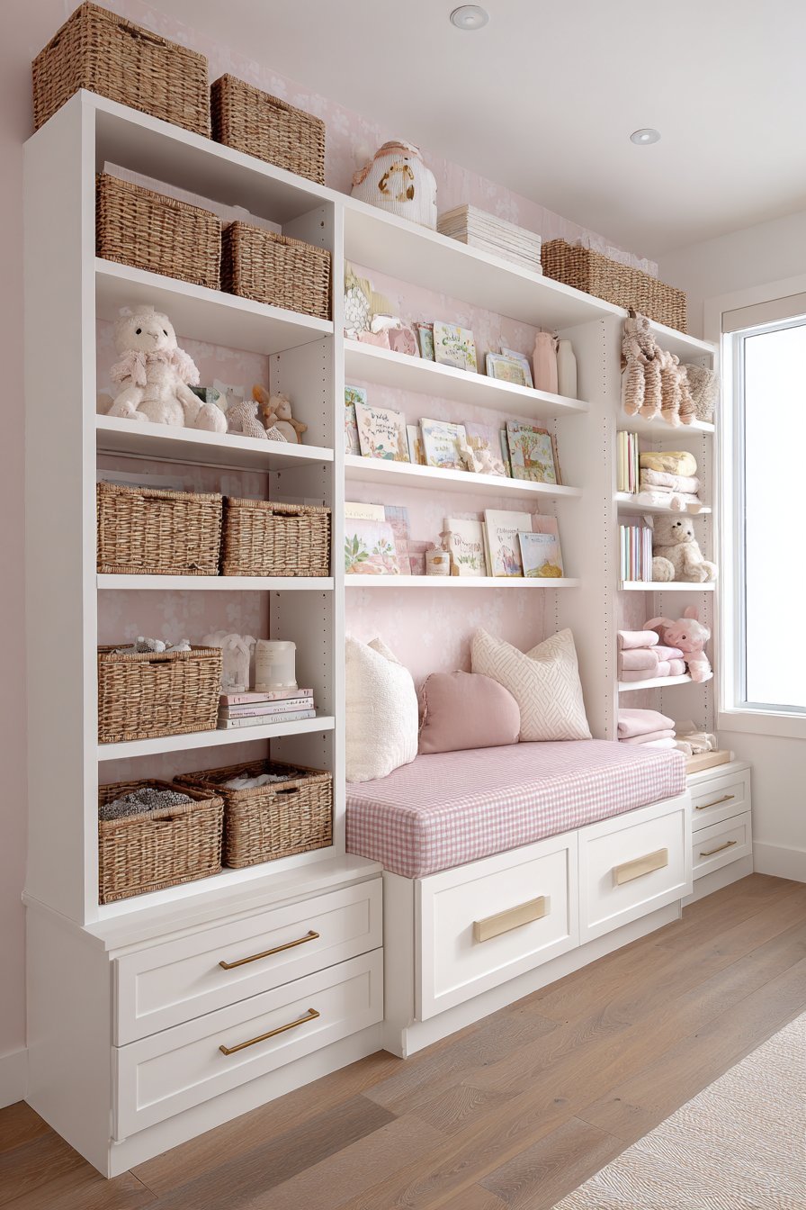 Organized Storage Wall in Soft Pink