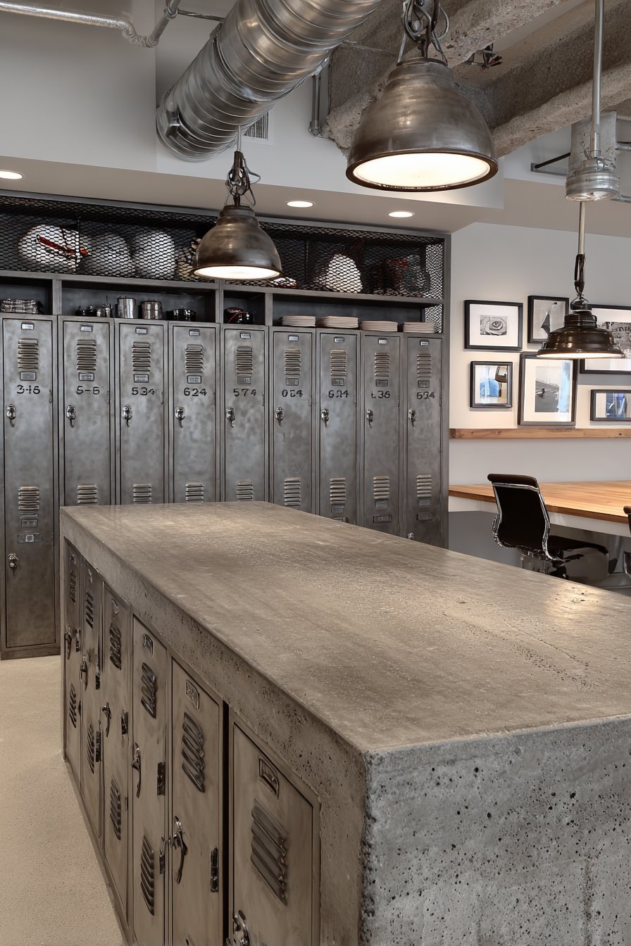 Concrete Countertops with Metal Locker Storage